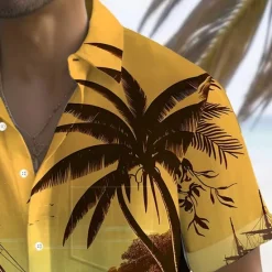 Clearance OUKU Men's Coconut Tree Tropical Plants Summer Hawaiian Shirt Button Up Shirt Aloha Shirt Short Sleeve Hawaiian Holiday Beach Wear Summer Spring Turndown 3D Print Collared Shirts Front One Pocket Yellow