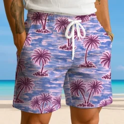 New OUKU Men's Coconut Tree Tropical Plants Waffle Shorts Sweat Shorts Casual Shorts Mid Waist Hawaiian Vacation Jogging Workout Elastic Drawstring Waist Shorts with Pockets Designer Clothing Apparel