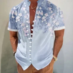 Hot OUKU Men's Coconut Tree Tropical Plants Summer Hawaiian Shirt Aloha Shirt Stand Collar Shirt Short Sleeve Hawaiian Vacation Beach Wear Summer Spring Mandarin Collar 3D Print Button Down Shirts Pink Blue