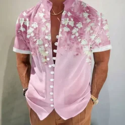 Hot OUKU Men's Coconut Tree Tropical Plants Summer Hawaiian Shirt Aloha Shirt Stand Collar Shirt Short Sleeve Hawaiian Vacation Beach Wear Summer Spring Mandarin Collar 3D Print Button Down Shirts Pink Blue