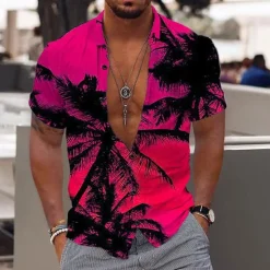 Discount OUKU Men's Coconut Tree Tropical Plants Shirt Summer Hawaiian Shirt Aloha Shirt Short Sleeve Shirt Turndown Fashion Designer Casual Outdoor Street Casual Light Yellow Yellow Pink 3D Print S M L