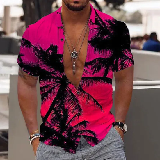 Discount OUKU Men's Coconut Tree Tropical Plants Shirt Summer Hawaiian Shirt Aloha Shirt Short Sleeve Shirt Turndown Fashion Designer Casual Outdoor Street Casual Light Yellow Yellow Pink 3D Print S M L