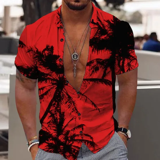 Discount OUKU Men's Coconut Tree Tropical Plants Shirt Summer Hawaiian Shirt Aloha Shirt Short Sleeve Shirt Turndown Fashion Designer Casual Outdoor Street Casual Light Yellow Yellow Pink 3D Print S M L