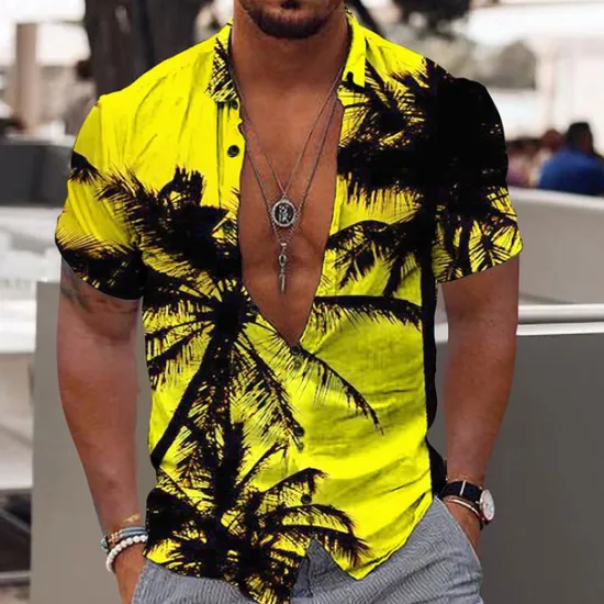 Discount OUKU Men's Coconut Tree Tropical Plants Shirt Summer Hawaiian Shirt Aloha Shirt Short Sleeve Shirt Turndown Fashion Designer Casual Outdoor Street Casual Light Yellow Yellow Pink 3D Print S M L