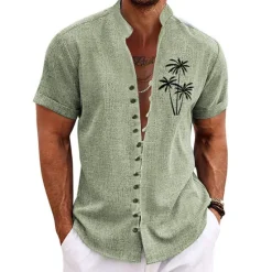 Online OUKU Men's Coconut Tree Tropical Plants Shirt Summer Hawaiian Shirt Aloha Shirt Short Sleeve Shirt Stand Collar Fashion Streetwear Designer Outdoor Vacation Street Blue Purple Green S M L