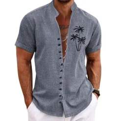 Online OUKU Men's Coconut Tree Tropical Plants Shirt Summer Hawaiian Shirt Aloha Shirt Short Sleeve Shirt Stand Collar Fashion Streetwear Designer Outdoor Vacation Street Blue Purple Green S M L