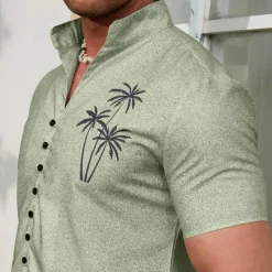 Online OUKU Men's Coconut Tree Tropical Plants Shirt Summer Hawaiian Shirt Aloha Shirt Short Sleeve Shirt Stand Collar Fashion Streetwear Designer Outdoor Vacation Street Blue Purple Green S M L