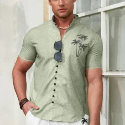 Online OUKU Men's Coconut Tree Tropical Plants Shirt Summer Hawaiian Shirt Aloha Shirt Short Sleeve Shirt Stand Collar Fashion Streetwear Designer Outdoor Vacation Street Blue Purple Green S M L