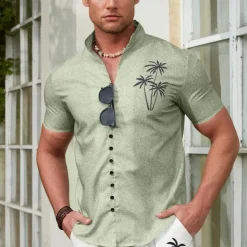 Online OUKU Men's Coconut Tree Tropical Plants Shirt Summer Hawaiian Shirt Aloha Shirt Short Sleeve Shirt Stand Collar Fashion Streetwear Designer Outdoor Vacation Street Blue Purple Green S M L