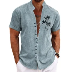 Online OUKU Men's Coconut Tree Tropical Plants Shirt Summer Hawaiian Shirt Aloha Shirt Short Sleeve Shirt Stand Collar Fashion Streetwear Designer Outdoor Vacation Street Blue Purple Green S M L