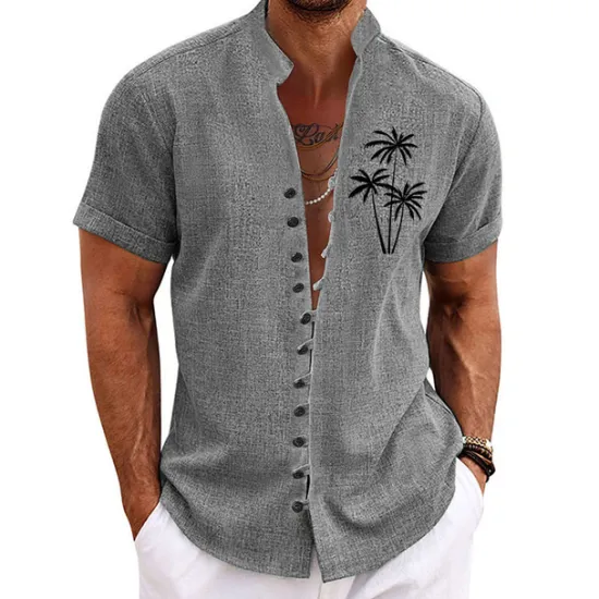 Online OUKU Men's Coconut Tree Tropical Plants Shirt Summer Hawaiian Shirt Aloha Shirt Short Sleeve Shirt Stand Collar Fashion Streetwear Designer Outdoor Vacation Street Blue Purple Green S M L