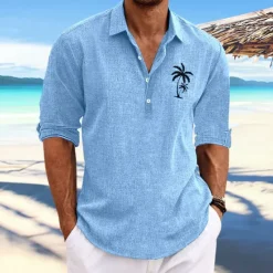 Best OUKU Men's Coconut Tree Tropical Plants Shirt Summer Hawaiian Shirt Aloha Shirt Long Sleeve Shirt Stand Collar Fashion Streetwear Designer Outdoor Street Casual Black Blue Khaki S M L