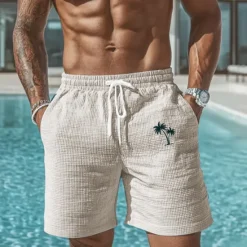 Hot OUKU Men's Coconut Tree Tropical Plants Waffle Shorts Sweat Shorts Casual Shorts Mid Waist Fashion Casual Vacation Jogging Workout Elastic Drawstring Waist Shorts with Pockets Designer Clothing Apparel