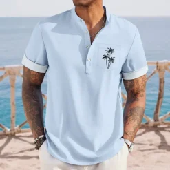 Online OUKU Men's Coconut Tree Tropical Plants Hawaiian Shirt Henley Shirt Stand Collar Shirt Short Sleeve Hawaiian Vacation Casual Summer Spring Mandarin Collar Band Collar Buttons Front One Pocket Linen Like