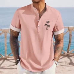 Online OUKU Men's Coconut Tree Tropical Plants Hawaiian Shirt Henley Shirt Stand Collar Shirt Short Sleeve Hawaiian Vacation Casual Summer Spring Mandarin Collar Band Collar Buttons Front One Pocket Linen Like