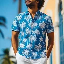 New OUKU Men's Coconut Tree Tropical Plants Summer Hawaiian Shirt Button Up Shirt Aloha Shirt Short Sleeve Hawaiian Resort Vacation Holiday Beach Wear Summer Spring Turndown 3D Print Collared Shirts Blue