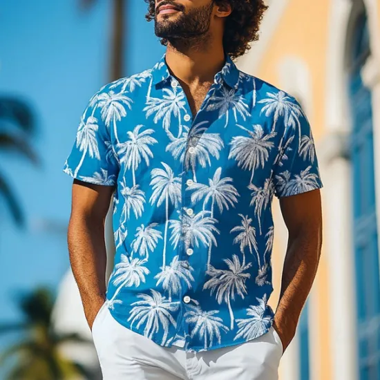 New OUKU Men's Coconut Tree Tropical Plants Summer Hawaiian Shirt Button Up Shirt Aloha Shirt Short Sleeve Hawaiian Resort Vacation Holiday Beach Wear Summer Spring Turndown 3D Print Collared Shirts Blue