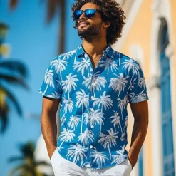 New OUKU Men's Coconut Tree Tropical Plants Summer Hawaiian Shirt Button Up Shirt Aloha Shirt Short Sleeve Hawaiian Resort Vacation Holiday Beach Wear Summer Spring Turndown 3D Print Collared Shirts Blue