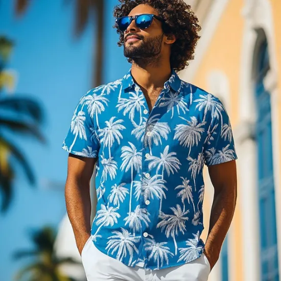 New OUKU Men's Coconut Tree Tropical Plants Summer Hawaiian Shirt Button Up Shirt Aloha Shirt Short Sleeve Hawaiian Resort Vacation Holiday Beach Wear Summer Spring Turndown 3D Print Collared Shirts Blue