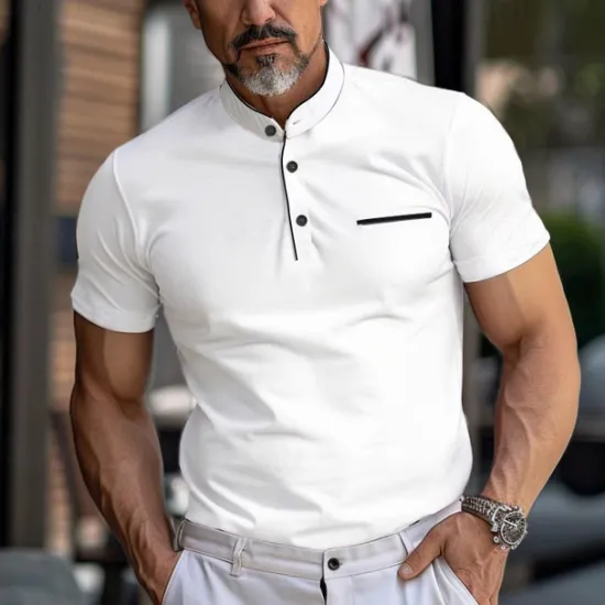 Discount OUKU Men's Collarless Golf Shirts Banded Collar Shirt Work Business Stand Collar Mandarin Collar Short Sleeve Fashion Basic Solid Color Plain Button Summer Regular Fit Navy Black White Burgundy Collarless