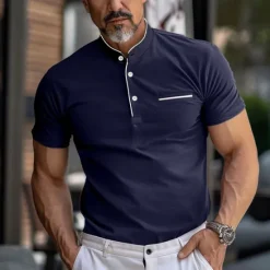 Discount OUKU Men's Collarless Golf Shirts Banded Collar Shirt Work Business Stand Collar Mandarin Collar Short Sleeve Fashion Basic Solid Color Plain Button Summer Regular Fit Navy Black White Burgundy Collarless