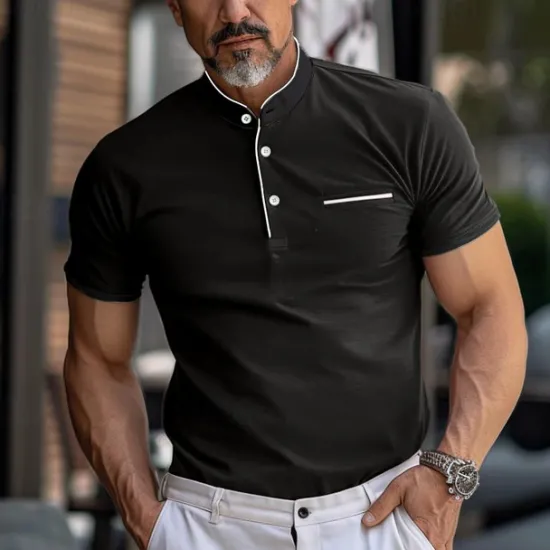 Discount OUKU Men's Collarless Golf Shirts Banded Collar Shirt Work Business Stand Collar Mandarin Collar Short Sleeve Fashion Basic Solid Color Plain Button Summer Regular Fit Navy Black White Burgundy Collarless