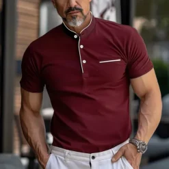 Discount OUKU Men's Collarless Golf Shirts Banded Collar Shirt Work Business Stand Collar Mandarin Collar Short Sleeve Fashion Basic Solid Color Plain Button Summer Regular Fit Navy Black White Burgundy Collarless