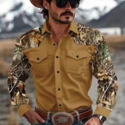 New OUKU Men's Color Block Camo Western Shirt Cowboy Shirt Long Sleeve Western Casual Causal Spring Fall Turndown 2 Pockets Brown Green Beige Gray