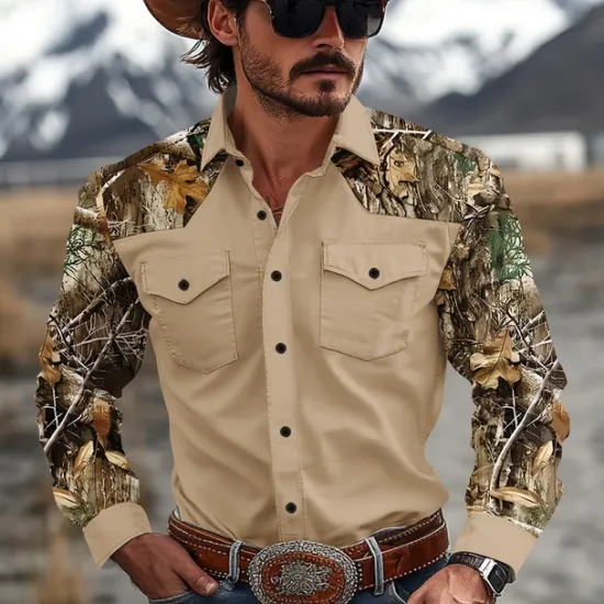 New OUKU Men's Color Block Camo Western Shirt Cowboy Shirt Long Sleeve Western Casual Causal Spring Fall Turndown 2 Pockets Brown Green Beige Gray