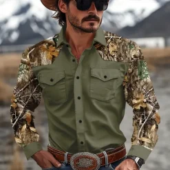 New OUKU Men's Color Block Camo Western Shirt Cowboy Shirt Long Sleeve Western Casual Causal Spring Fall Turndown 2 Pockets Brown Green Beige Gray