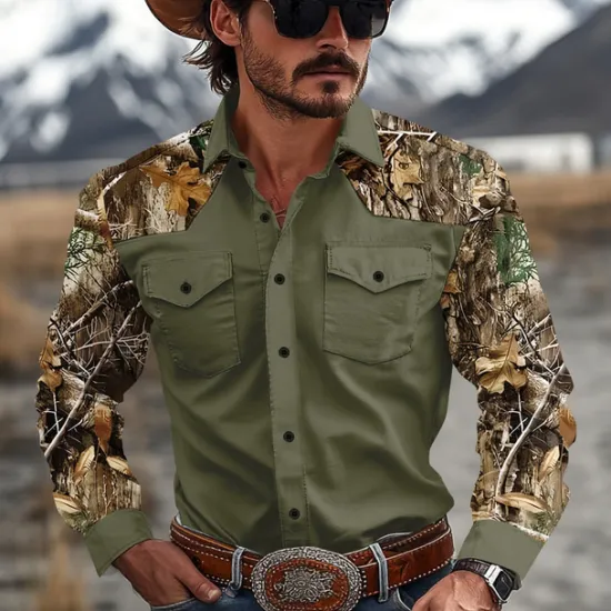 New OUKU Men's Color Block Camo Western Shirt Cowboy Shirt Long Sleeve Western Casual Causal Spring Fall Turndown 2 Pockets Brown Green Beige Gray