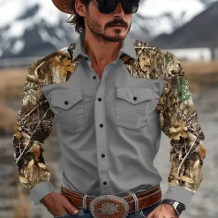 New OUKU Men's Color Block Camo Western Shirt Cowboy Shirt Long Sleeve Western Casual Causal Spring Fall Turndown 2 Pockets Brown Green Beige Gray