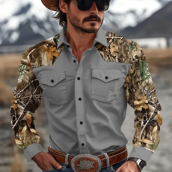 New OUKU Men's Color Block Camo Western Shirt Cowboy Shirt Long Sleeve Western Casual Causal Spring Fall Turndown 2 Pockets Brown Green Beige Gray