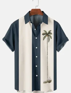 Outlet OUKU Men's Color Block Coconut Tree Tropical Plants Shirt Summer Hawaiian Shirt Bowling Shirt Short Sleeve Shirt Turndown Fashion 1950s Leisure Vacation Street Going out Black Pink Blue S M L