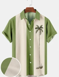 Outlet OUKU Men's Color Block Coconut Tree Tropical Plants Shirt Summer Hawaiian Shirt Bowling Shirt Short Sleeve Shirt Turndown Fashion 1950s Leisure Vacation Street Going out Black Pink Blue S M L