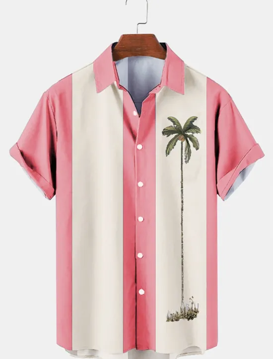 Outlet OUKU Men's Color Block Coconut Tree Tropical Plants Shirt Summer Hawaiian Shirt Bowling Shirt Short Sleeve Shirt Turndown Fashion 1950s Leisure Vacation Street Going out Black Pink Blue S M L