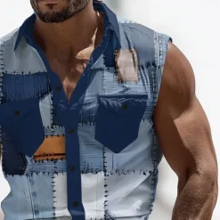 New OUKU Men's Color Block Denim-like Shirt Western Shirt Cowboy Shirt Sleeveless Western Style Outdoor Work Causal Summer Spring Turndown 3D Print Front Two Pockets Button Up Shirts Blue Brown Green