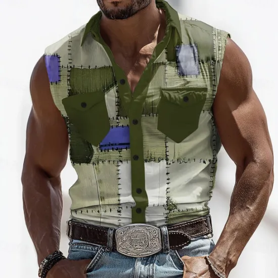 New OUKU Men's Color Block Denim-like Shirt Western Shirt Cowboy Shirt Sleeveless Western Style Outdoor Work Causal Summer Spring Turndown 3D Print Front Two Pockets Button Up Shirts Blue Brown Green
