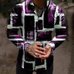 Clearance OUKU Men's Color Block Geometric Pattern Shirt Button Up Shirt Long Sleeve Fashion Designer Casual Outdoor Casual Holiday Summer Spring Turndown Print Button-Down Red Navy Blue Purple Green