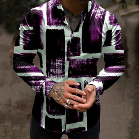 Clearance OUKU Men's Color Block Geometric Pattern Shirt Button Up Shirt Long Sleeve Fashion Designer Casual Outdoor Casual Holiday Summer Spring Turndown Print Button-Down Red Navy Blue Purple Green