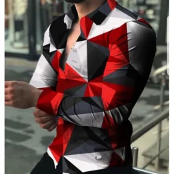 Hot OUKU Men's Color Block Geometric Pattern Geometry Shirt Button Up Shirt Long Sleeve Fashion Designer Casual Outdoor Casual Holiday Fall & Winter Turndown Print Button-Down Black White Red Blue Green