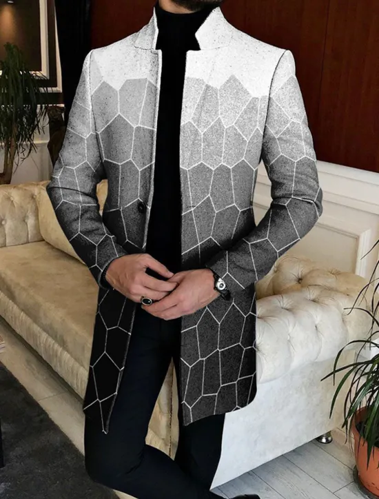 OUKU Men's Color Block Geometry Argyle Winter Coat Overcoat Coat Warm Breathable Comfortable Fashion Streetwear Business Work Wear to work Going out Pocket Print Fall & Winter Turndown Long Sleeve Black