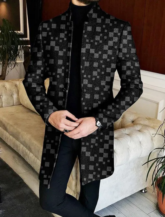 OUKU Men's Color Block Geometry Argyle Winter Coat Overcoat Coat Warm Breathable Comfortable Fashion Streetwear Business Work Wear to work Going out Pocket Print Fall & Winter Turndown Long Sleeve Black