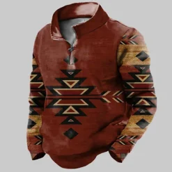 Discount OUKU Men's Color Block Geometry Zip Polo Long Sleeve Polo Shirts Zip Vintage Outdoor Casual Daily Streetwear 3D Print Fall & Winter Blue Gold Brown