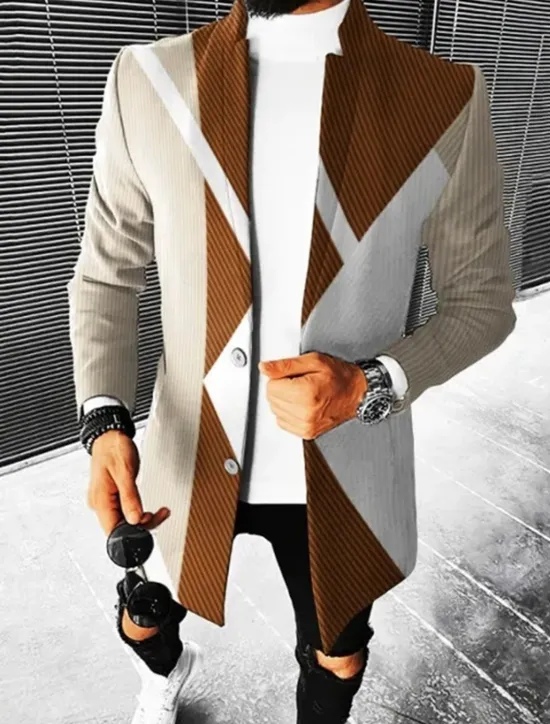 Hot OUKU Men's Color Block Geometry Winter Coat Overcoat Coat Warm Breathable Comfortable Fashion Streetwear Business Work Wear to work Going out Pocket Print Fall & Winter Turndown Long Sleeve Red Burgundy