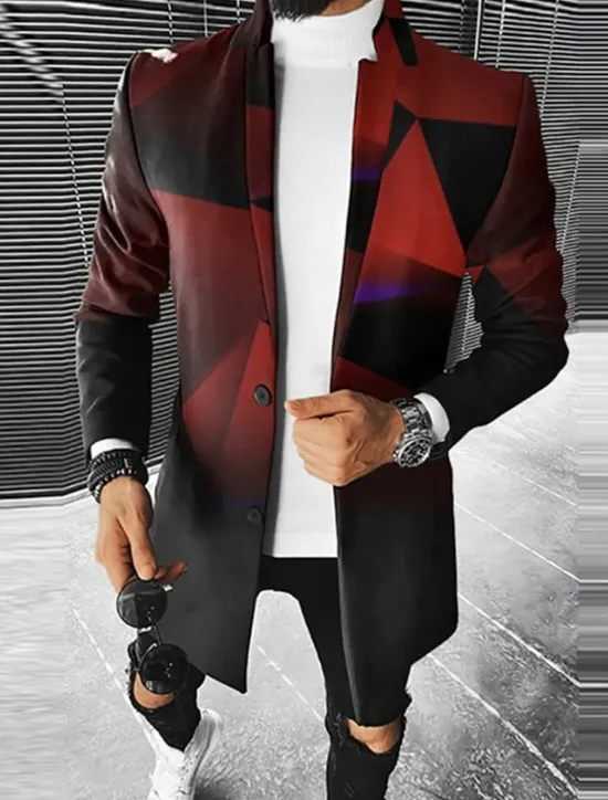 Hot OUKU Men's Color Block Geometry Winter Coat Overcoat Coat Warm Breathable Comfortable Fashion Streetwear Business Work Wear to work Going out Pocket Print Fall & Winter Turndown Long Sleeve Red Burgundy
