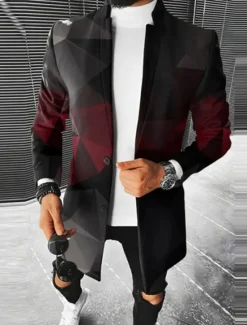 Hot OUKU Men's Color Block Geometry Winter Coat Overcoat Coat Warm Breathable Comfortable Fashion Streetwear Business Work Wear to work Going out Pocket Print Fall & Winter Turndown Long Sleeve Red Burgundy