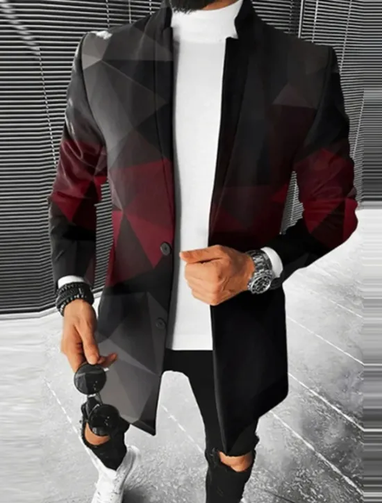 Hot OUKU Men's Color Block Geometry Winter Coat Overcoat Coat Warm Breathable Comfortable Fashion Streetwear Business Work Wear to work Going out Pocket Print Fall & Winter Turndown Long Sleeve Red Burgundy