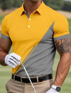 Discount OUKU Men's Color Block Golf Polo Sports Polo Shirts Short Sleeve Polo Shirts Collared Shirts Sportswear Casual Outdoor Athleisure Buttons Summer Yellow Red Blue