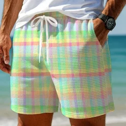 Hot OUKU Men's Color Block Gradient Grid / Plaid Waffle Shorts Sweat Shorts Casual Shorts Mid Waist Fashion Casual Vacation Jogging Workout Elastic Drawstring Waist Shorts with Pockets Designer Clothing